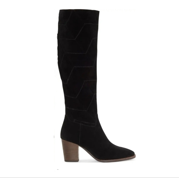 Stylish Lucky Brand Black Suede Stitch Patterned Boots - Picture 3 of 8